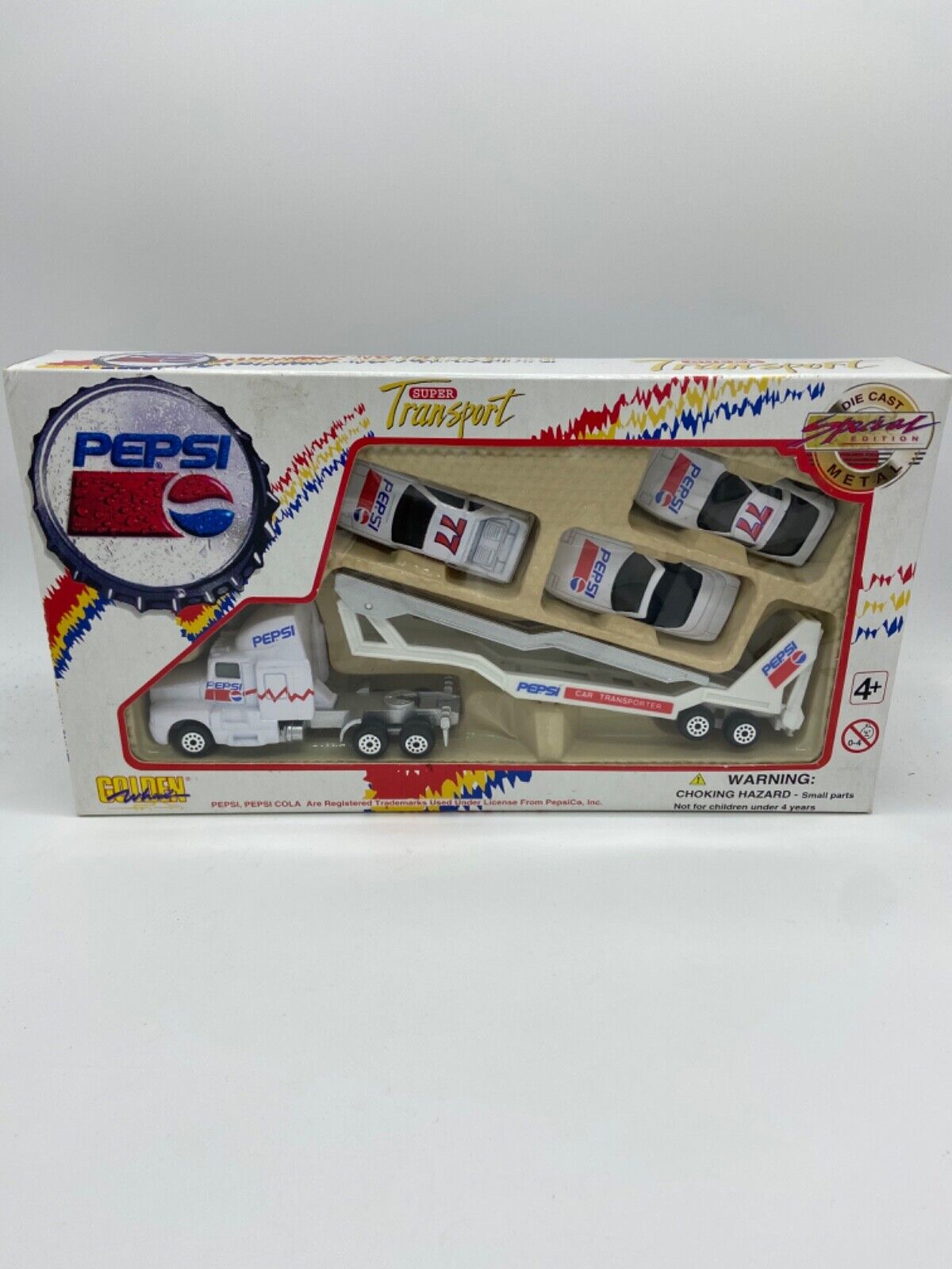 Vintage Pepsi Cola Golden Wheel Toy Race Car Set Die Cast Transporter